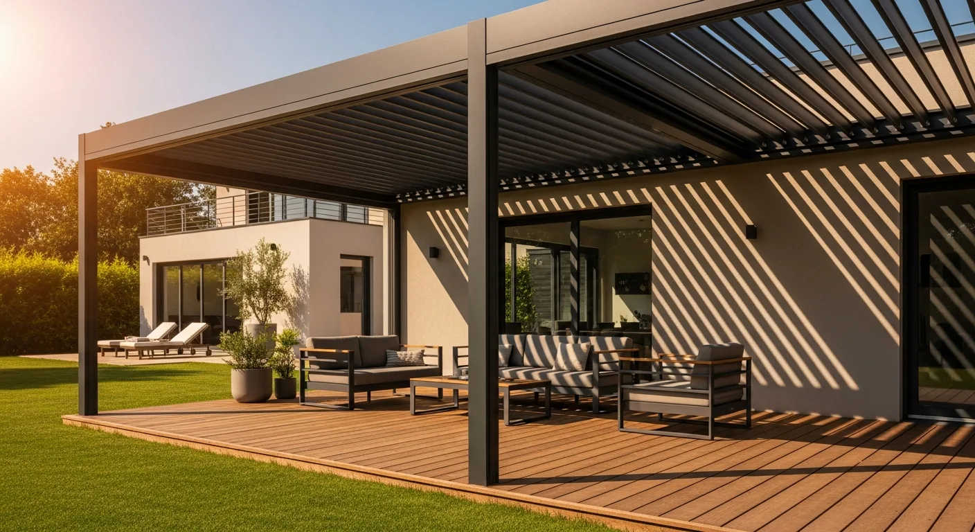 Pergola bioclimatique à lames orientables au coucher de soleil